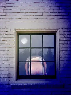 Brick Prints: Rear view of a man mooning in the window of a house