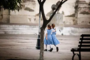 Trips Prints: Rear view of two school girls walking