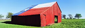 Unitedstates Prints: Red Barn in Field With Texas Flag on Roof