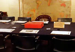 Ministers Prints: red despatch box on the table in the cabinet briefing room in the Cabinet war rooms bunker