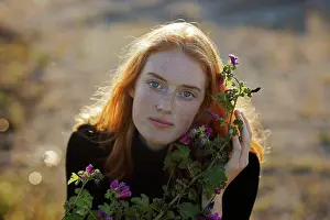 Moody Prints: Redhead woman with flowering plant