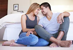 Loyalty Prints: Relax, forehead or happy couple in bedroom for support or love with trust