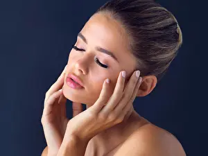 Foundation Prints: Relax, makeup and girl with skincare for beauty on black background with foundation