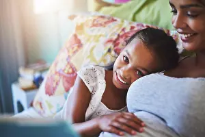 Listening Prints: Relax, pregnant woman and portrait of child in bed with smile