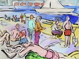 Communication Prints: Relaxing on the Pier, 2010, Richard H. Fox (b.1960/American), Watercolor and Ink on Paper