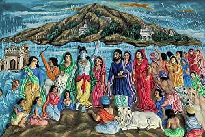 Exterior Photograph Prints: Relief, Krishna lifting Govardhan mountain
