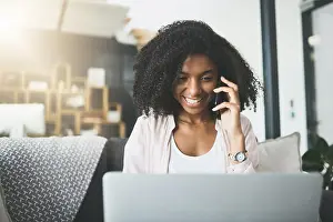 Cellphone Prints: Remote work from home, phone call and black woman with computer