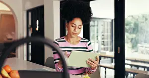 Tablet Prints: Remote work, tablet and scroll with woman in home for virtual assistant