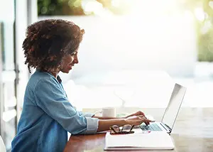 Happy Woman Prints: Remote work, typing and happy woman at laptop for email
