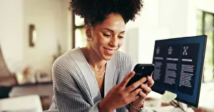 Typing Prints: Remote work, woman and phone for feedback