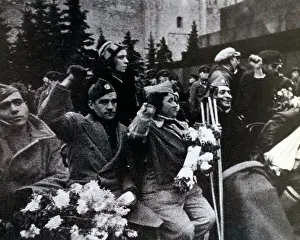 Soviet Prints: republican war veterans in Red Square, Moscow, USSR, during the Spanish Civil War