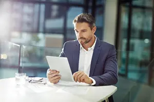 Analysis Prints: Research, happy and man with tablet