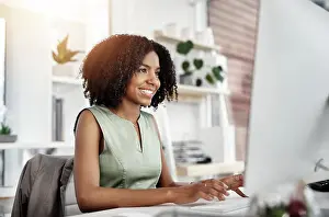 Proposal Prints: Research, smile and business woman on a computer in office