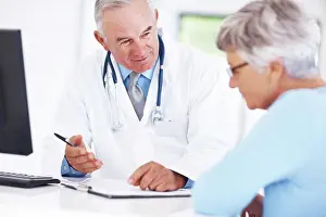 Advice Prints: Results, senior patient and consultation with happy doctor for exam report