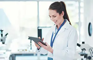 Pharmacist Prints: Results, woman and tablet in laboratory for research
