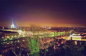 Italienisch Prints: Retro look Turin view Vintage looking City of Turin Torino skyline panorama seen from the hill - at night Copyright
