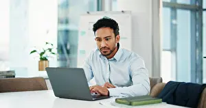 Financial Prints: Review, laptop and research with business man in office for assets