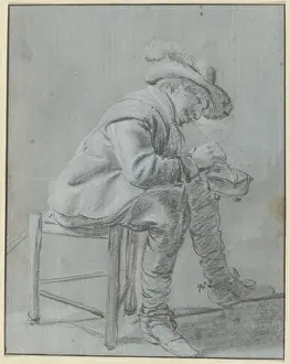 Anonymous Prints: Rider with hat sitting on a three-legged stool lighting his pipe with a bowlfork