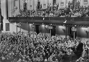 Australian Prints: At right the PM addressing the crowded Town Hall at his lunch-hour meeting today
