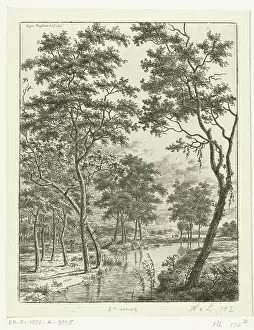 River landscape with trees, in the distance two riders