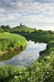 Somerset Prints: River Tone meandering towards Burrow Mump and the ruined church on its summit