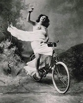 Beverage Prints: One for the road, Semi dress woman cycling with drink