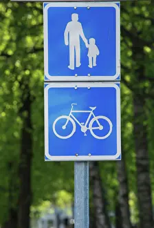 Walkway Prints: Road sign bicycle path and pedestrian with children warning road signs bicycle path pedestrian with children Copyright