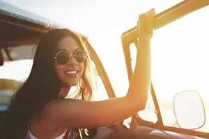 Drive Prints: Road trip, break and woman with smile in portrait for outdoor summer vacation