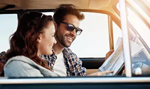 Search Prints: Road trip, couple and map in vehicle for search