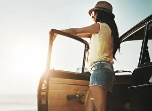 Road Trip Prints: Road trip, happy and woman in car by ocean on holiday