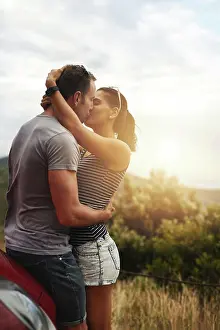Road Trip Prints: Road trip, love or couple kiss in park for date