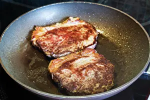 Prepare Prints: two roasted piece of meat in frying pan on range two roasted piece of meat in frying pan on ceramic electric range