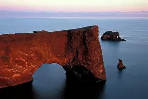 Evening Atmosphere Prints: Rock arch of Dyrholaey, Vik, South Iceland, Iceland, Europe