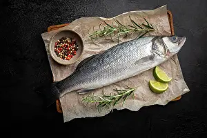 Seafood Prints: Roher Wolfsbarsch Raw seabass fish with rosemary and spices on dark background