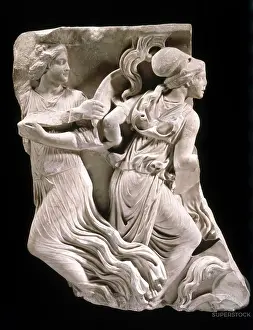 Gods Prints: Roman Marble Sarcophagus Fragment Depicting the Battle of the Gods and the Giants c
