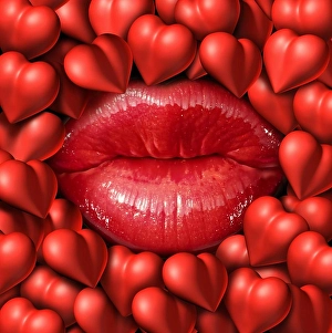 Fondness Prints: Romance concept and love symbol as red female lips surrounded by a group of heart icons representing relationship