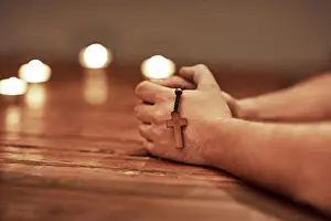 Heaven Prints: Rosary, hands and church to pray
