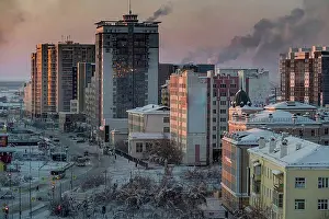 Front Of House Prints: Russia, Republic of Sakha, Yakutsk, City at winter dusk