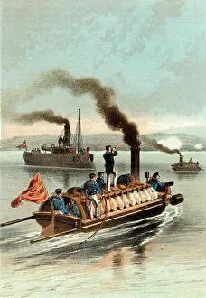 Navy Prints: Russian torpedo boats on the Danube. Russo-Turkish War, 1877. Chromolithograph