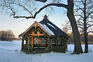 Frozen Prints: Rustic gazebo in Prospect Park in winter, Brooklyn, New York, USA