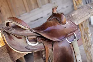 Tucson Prints: Saddle resting on the railing, Tucson, Arizona, USA