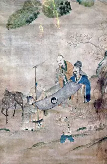 Deer Prints: Three sages of T'ai Chi surrounded by symbols of long life and immortality (tree)