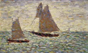 Scenics Prints: Two Sailboats 1885 Georges Pierre Seurat (1859-1891/French) Oil on wood panel Barnes Foundation