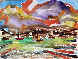 Richard Prints: Sailboats in the Bay, 1999, Richard H. Fox (b.1960/American), Watercolor on Paper