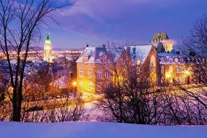 Lens Flare Prints: Saint-Denis Street And Chateau Frontenac At Dusk In Winter; Quebec City Quebec Canada