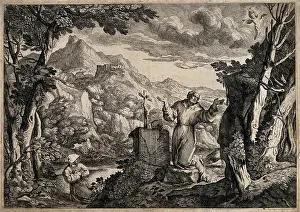 Assisi Prints: Saint Francis of Assisi receiving the stigmata of Christ from a seraph; mount Alverna in the background