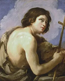 Jul07 Prints: Saint John the Baptist with lamb and simple wooden cross Guido Reni (1575-1642 Italian)