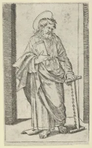 Simon Prints: Saint Simon, a saw in his lowered left hand