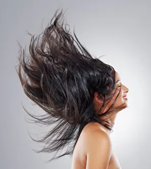 Shine Prints: Salon, woman and hair flip in studio with happiness for keratin treatment