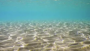 Body Of Water Prints: Sandy shallow water in sunburst and glare on seabed sand